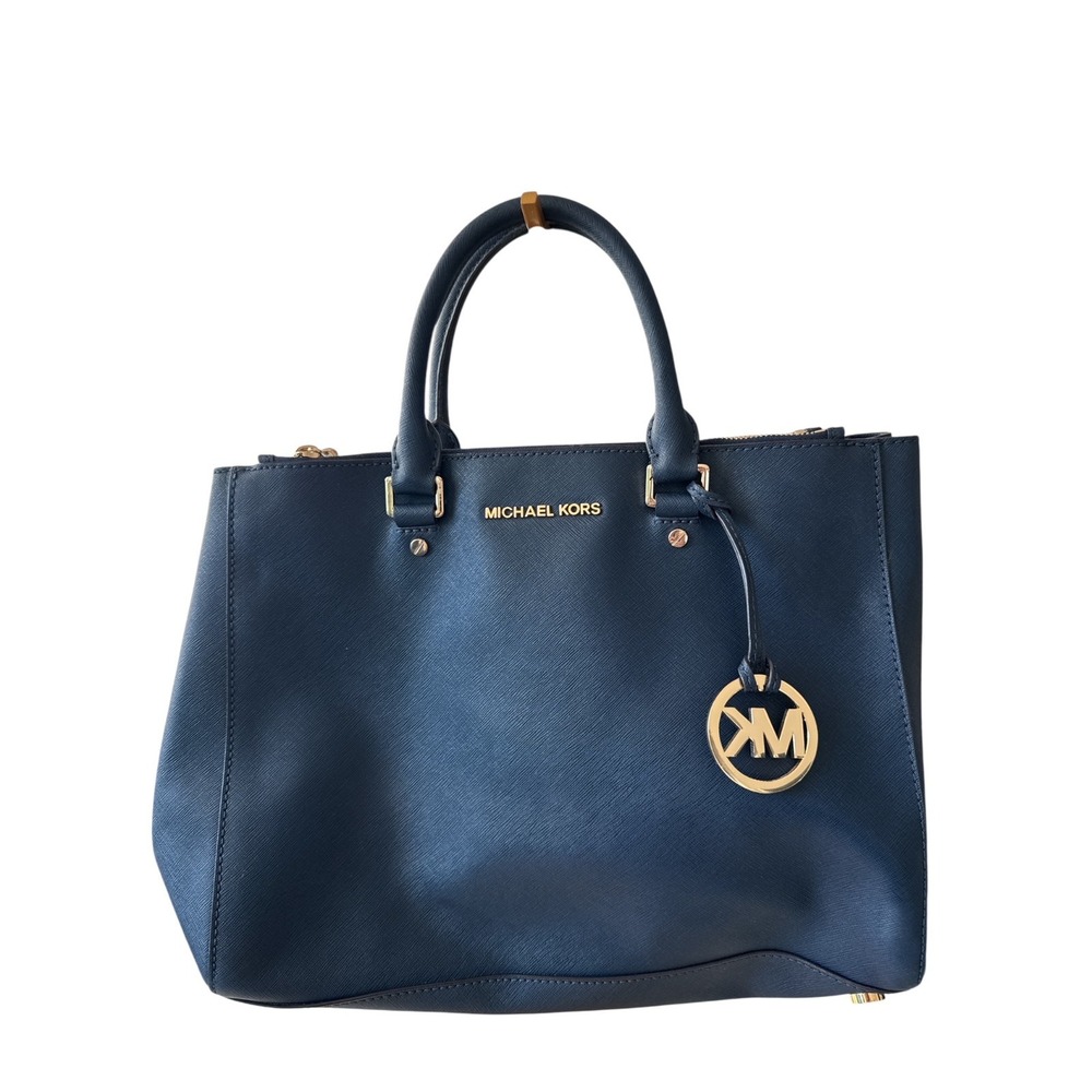 Michael Kors Sutton Medium Satchel Navy Saffiano Leather Handbag Gold MK Charm